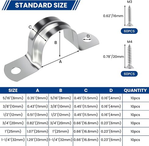 60Pcs Pipe Strap Clamp Assortment Kit with Screws, 304 Stainless Steel 2 Holes U Bracket, 5/16", 3/8", 1/2", 3/4", 1", 1-1/4" for Tube, Conduit & Cable Fixing in Kuwait