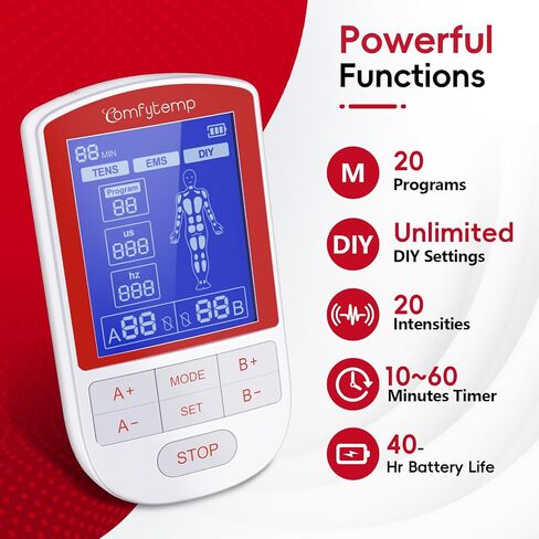 Comfytemp TENS Unit Muscle Stimulator for Pain Relief Therapy, TENS Machine with 20 Modes and DIY, Dual Channel EMS Unit, Electric Pulse Massager for Back, Shoulder, Sciatica, Knee in Kuwait
