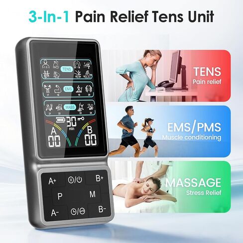 وحدة TENS لتحفيز العضلات مع شاشة ملونة عالية الدقة، جهاز TENS EMS 3 في 1 لتخفيف الألم واستعادة العضلات، 24 وضعًا لتدليك النبض لآلام عرق النسا والظهر والورك والرقبة والكتف والكوع in Kuwait