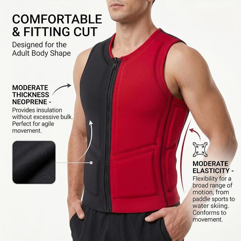Adult Swim Vest, Float Neoprene Adult Swim Jacket, Buoyant & Impact-Resistant Sleeveless Kayak Vest for Water Sports, Black-red, Size M in Kuwait