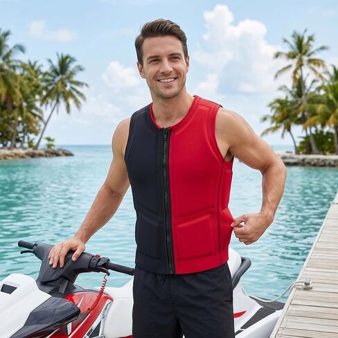 Adult Swim Vest, Float Neoprene Adult Swim Jacket, Buoyant & Impact-Resistant Sleeveless Kayak Vest for Water Sports, Black-red, Size M in Kuwait