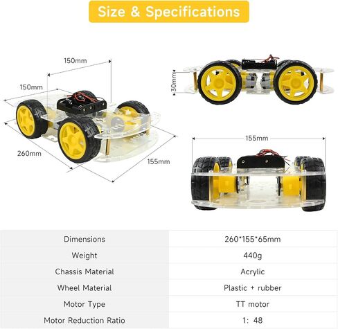 طقم هيكل سيارة روبوت 4WD مع محرك TT، صندوق بطارية، هيكل أكريليك و4 عجلات لمشاريع الروبوتات، هيكل روبوت ذكي، منصة سيارة روبوتات لـ Arduino Raspberry Pi (هيكل روبوت 4WD) in Kuwait