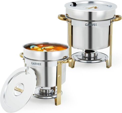 garvee 2 حزمة شوربة مستديرة، 11qt الفولاذ المقاوم للصدأ حساء أكثر دفئا مع وعاء، أغطية مسننة وحوامل الوقود، سخان الطعام التجاري لبوفيهات حفلات الزفاف ومآدب الطعام، ذهبي in Kuwait