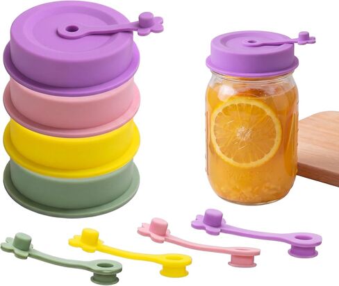 4 Color PCS Silicone Mason Jar Lids Regular & Wide Mouth | built straw hole with flower plug, leak-proof seal, BPA-free safe for coffee, smoothies and daily drink storage in Kuwait