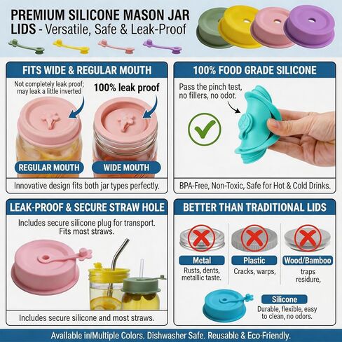4 Color PCS Silicone Mason Jar Lids Regular & Wide Mouth | built straw hole with flower plug, leak-proof seal, BPA-free safe for coffee, smoothies and daily drink storage in Kuwait