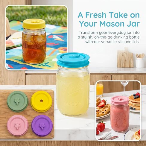 4 Color PCS Silicone Mason Jar Lids Regular & Wide Mouth | built straw hole with flower plug, leak-proof seal, BPA-free safe for coffee, smoothies and daily drink storage in Kuwait