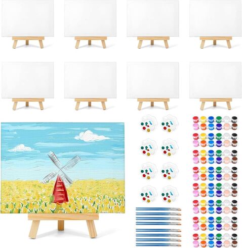 8 Pack 8x10 in Canvas Boards for Painting,Canvas for Painting with 9.5" Easel, Art Canvas Painting Kit with 10 Brushes & 2 Paint Tray for Kids Teenagers Acrylic Pouring Oil Water Color Gift… in Saudi Arabia