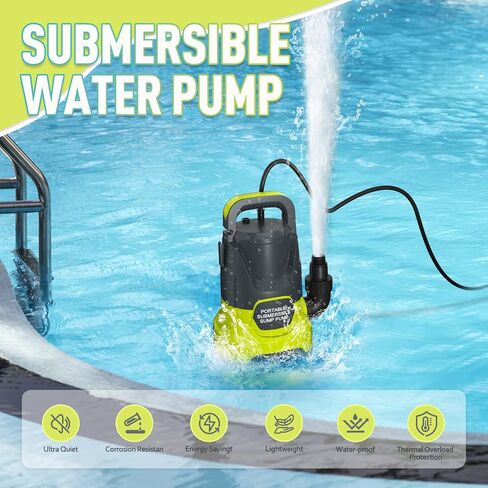 مضخة مستنقع 1HP 4500GPH مضخة مياه غاطسة كهربائية بالحرارة | حمام سباحة تصريف المياه نقل المياه من حوض الاستحمام الساخن الطابق السفلي حديقة البرك انخفاض مستوى المياه 16.4FT سلك الطاقة المحمولة in Kuwait