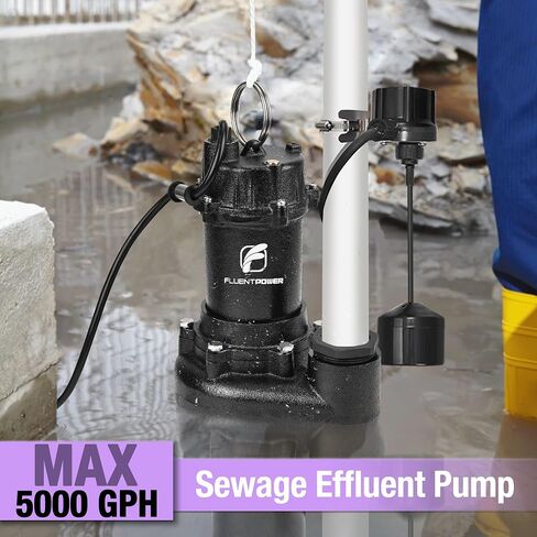 مضخة مياه الصرف الصحي FLUENTPOWER 5000GPH، 3/4HP مضخة مجاري غاطسة لقاذف الحديد الزهر، مع مفتاح تعويم عمودي تلقائي لحوض الصرف الصحي في الطابق السفلي السكني، سلك بطول 10 أقدام، تفريغ 2 بوصة NPT in Kuwait