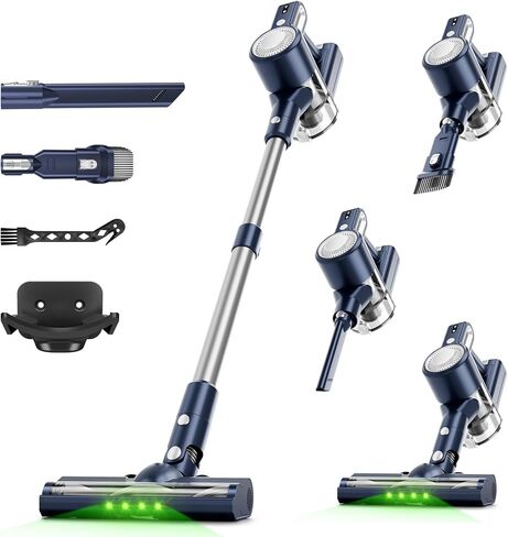 Cordless Vacuum Cleaner: 30KPA Powerful Suction Stick Vacuum, Anti-Tangle | Portable 6-in-1 Rechargeable Vacuum, Green LED Light, Ideal for Pet Hair, Low-Pile Carpets & Hard Floors-Dark Blue in Kuwait