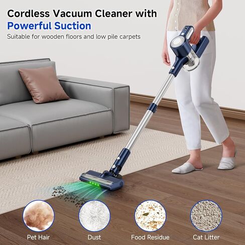Cordless Vacuum Cleaner: 30KPA Powerful Suction Stick Vacuum, Anti-Tangle | Portable 6-in-1 Rechargeable Vacuum, Green LED Light, Ideal for Pet Hair, Low-Pile Carpets & Hard Floors-Dark Blue in Kuwait