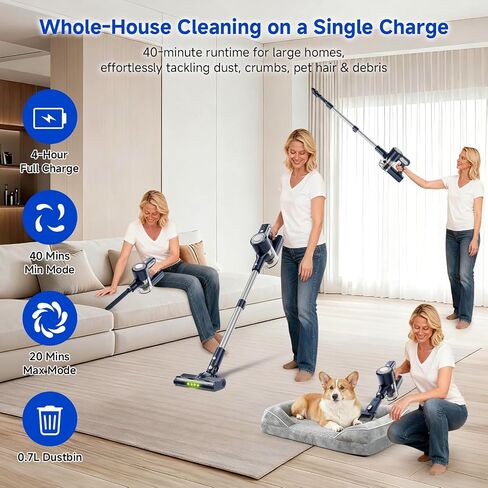 Cordless Vacuum Cleaner: 30KPA Powerful Suction Stick Vacuum, Anti-Tangle | Portable 6-in-1 Rechargeable Vacuum, Green LED Light, Ideal for Pet Hair, Low-Pile Carpets & Hard Floors-Dark Blue in Kuwait