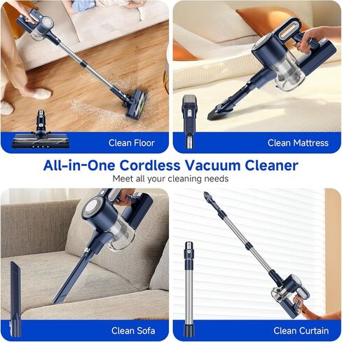 Cordless Vacuum Cleaner: 30KPA Powerful Suction Stick Vacuum, Anti-Tangle | Portable 6-in-1 Rechargeable Vacuum, Green LED Light, Ideal for Pet Hair, Low-Pile Carpets & Hard Floors-Dark Blue in Kuwait