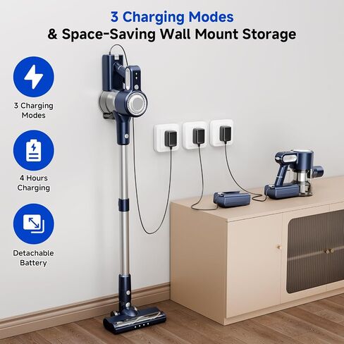Cordless Vacuum Cleaner: 30KPA Powerful Suction Stick Vacuum, Anti-Tangle | Portable 6-in-1 Rechargeable Vacuum, Green LED Light, Ideal for Pet Hair, Low-Pile Carpets & Hard Floors-Dark Blue in Kuwait