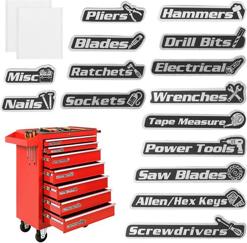 Magnetic Toolbox Labels, 15 PCS General Tool Box Organize Accessories, 3D-Printed Organization Labels, Reusable Tags with Double Sided Tapes for Steel Toolboxes, Carts, Drawers and Cabinets in Kuwait