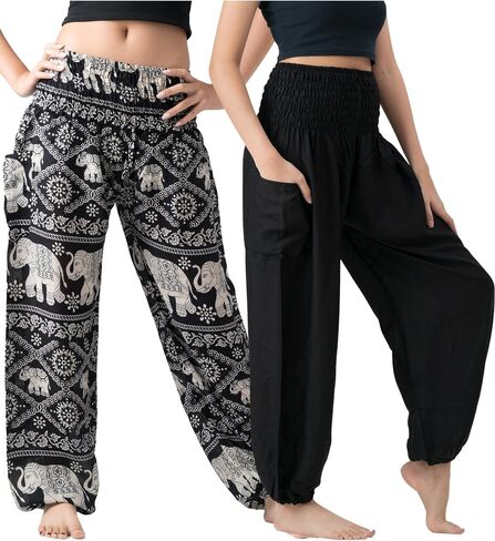 B BANGKOK PANTS سروال حريمي للنساء مع جيب مقاس واحد يناسب الفيل الأسود والأسود الكلاسيكي (قطعتان) in Kuwait