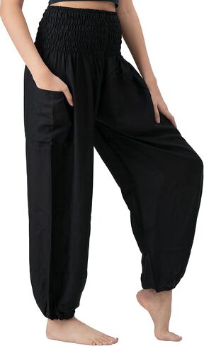 B BANGKOK PANTS سروال حريمي للنساء مع جيب مقاس واحد يناسب الفيل الأسود والأسود الكلاسيكي (قطعتان) in Kuwait