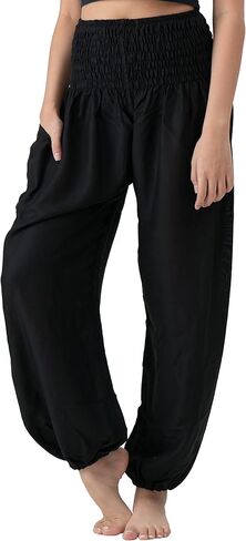 B BANGKOK PANTS سروال حريمي للنساء مع جيب مقاس واحد يناسب الفيل الأسود والأسود الكلاسيكي (قطعتان) in Kuwait