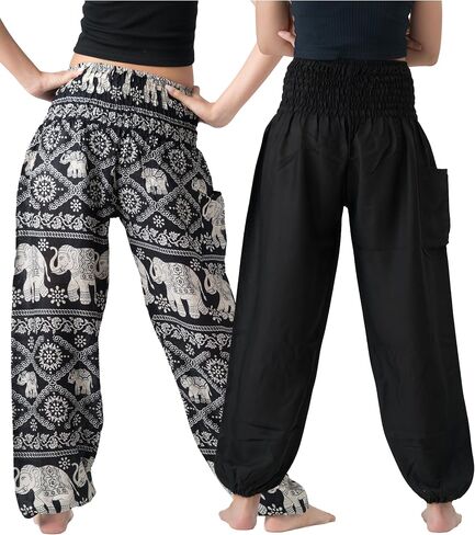 B BANGKOK PANTS سروال حريمي للنساء مع جيب مقاس واحد يناسب الفيل الأسود والأسود الكلاسيكي (قطعتان) in Kuwait