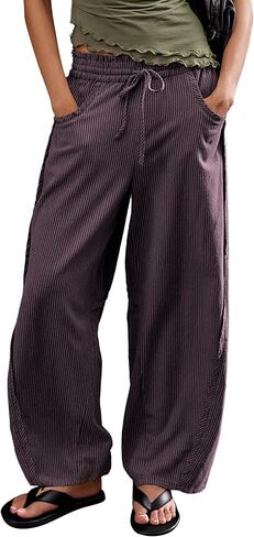 Women's Striped Barrel Pants Drawstring Waist Wide Leg Trousers with Pockets Casual Comfort for Office Lounge Travel in Kuwait
