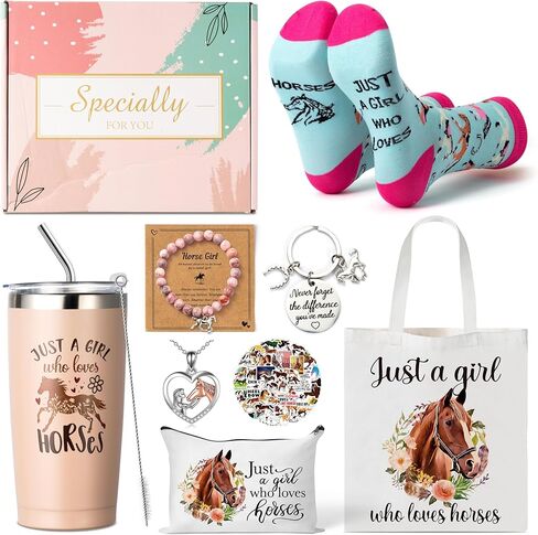 Y1tvei Horses Canvas Bag Gifts - 61Pcs Just A Girl Who Loves Horses Canvas Tote Bag Makeup Pouch, Thermos Cup Stockings Pink Bracelet Card Heart Necklace Stickers Keychain, Horse Lover Gifts for Girls in Saudi Arabia