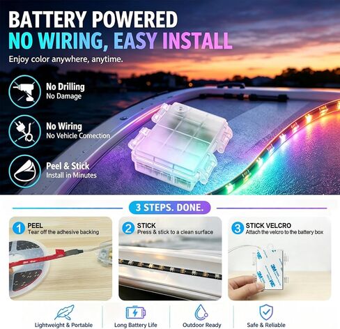 أضواء قارب عائم تعمل بالبطارية RGB + IC Dream Color Marine LED قطاع لبطة باس كاياك، شريط أضواء قارب مقاوم للماء لاسلكي لأضواء سطح السفينة الداخلية، ضوء الصيد الليلي، 16.4FT in Kuwait