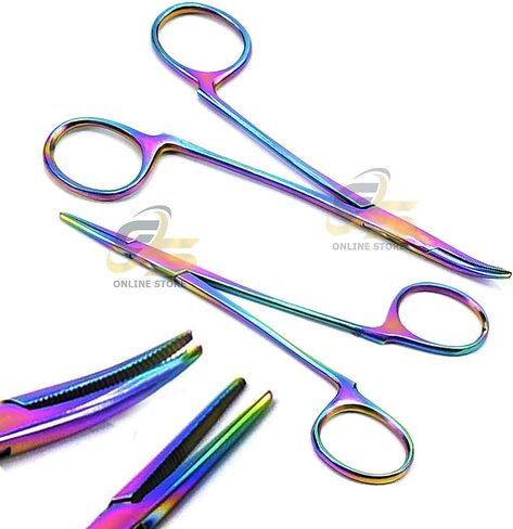Multi Titanium Rainbow Color Non-Locking Hemostat Straight & Curved for Ear Care Set of 2 Size 5 inch Stainless Steel by G.S Online Store in Saudi Arabia