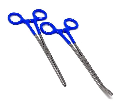Set of 2 Assorted Color Vinyl Grip Handle German Stainless Straight & Curved Hemostat Forceps Pliers Full Serrated 8" (Blue Grip) in Saudi Arabia