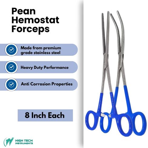 Set of 2 Assorted Color Vinyl Grip Handle German Stainless Straight & Curved Hemostat Forceps Pliers Full Serrated 8" (Blue Grip) in Saudi Arabia