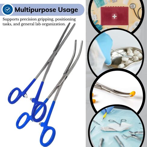 Set of 2 Assorted Color Vinyl Grip Handle German Stainless Straight & Curved Hemostat Forceps Pliers Full Serrated 8" (Blue Grip) in Saudi Arabia