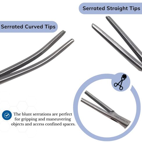 Set of 2 Assorted Color Vinyl Grip Handle German Stainless Straight & Curved Hemostat Forceps Pliers Full Serrated 8" (Blue Grip) in Saudi Arabia