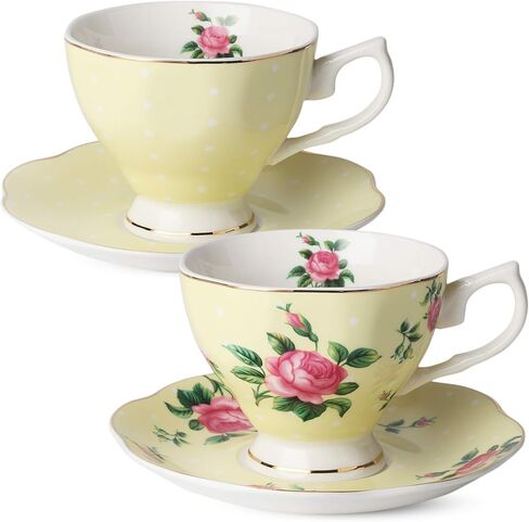 BTaT- Floral Tea Cups and Saucers, Set of 2, 8 oz, Fine Porcelain Teacup Set with Gold Trim for Afternoon Tea, Weddings, Parties & Gifting, Dishwasher Safe, Lightweight, Non-Toxic in Saudi Arabia