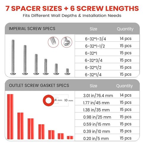 193PCS Outlet Spacers Kit for Electrical Box, 104 Outlet Screw Spacers with 89PCS 6-32 Flat Head Mounting Screws, Electrical Outlet Extender Kit for Switches, Receptacles and Wall Plates in Saudi Arabia