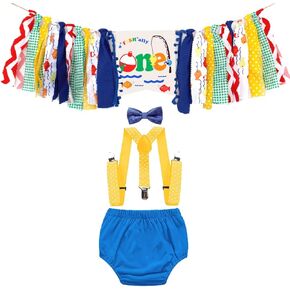HIHCBF Ofishally One Cake Smash Outfit 1st Birthday Costume Diaper Cover Bowtie Suspenders Decorations Kit Highchair Banner