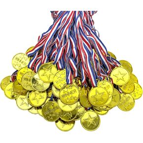 100 Pcs Gold Plastic Winner Medals Award Medals for Kids School Sports, Soccer Competitions, Olympic, Games, Talent Show, Gymnastic, Party Favors, Dress Up or Celebration Souvenir