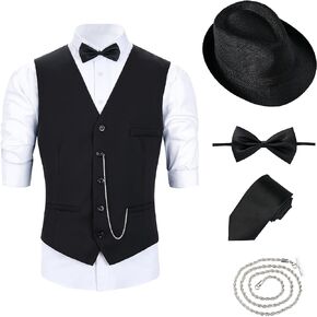 Pixiemain 1920s Mens Costume Roaring 20s Costumes Outfit with Gangster Vest,Fedora Hat,Bow tie