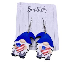 American Flag Heart Gnome - Patriotic Gnome Earrings 4th of July Gnomes