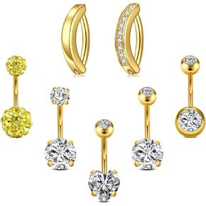 Incaton 7PCS 14G Belly Button Rings, Stainless Steel Diamond Shine Heart Belly Rings For Women, Cute Clicker Hoop Belly Button Rings, Navel Piercing Pack With Gift Velvet Pouch