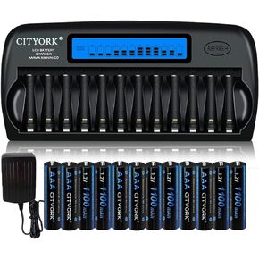 CITYORK 12 Bay Battery Charger with AAA Rechargeable Batteries,12 Bay Battery Charger for AA AAA Ni-MH/Ni-CD Batteries with Discharge Function with 12 Pack AAA 1100mAh Ni-MH Rechargeable Batteries
