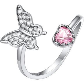 SILVERCUTE 925 Sterling Silver Butterfly Rings for Women, Adjustable Birthstone Ring 12 Months CZ Stone Band Rings Butterfly Jewelry for Teen Girls Daughter Mom Wife