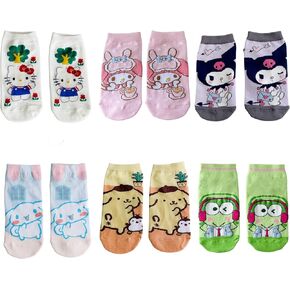 6 Pair of Cute Anime Character Socks for Teen Girls, Women Ankle Socks Size 6-9, Kawaii Anime Cotton Low-cut Socks