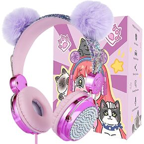 Kids Pom Headphones with Mic for Travel/Car/Plane,Added 85DB Limit Function&Shareport,Unicorns Gifts for Girls,On/Over Ear HD Stereo Wired Headsets with Nylon Cable-Hot-Purple