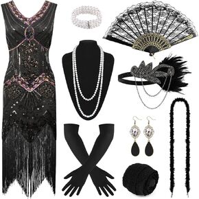 PLULON 1920s Sequin Beaded Fringed Flapper Dress with 20s Accessories Set Roaring 20s Costumes Headband for Women