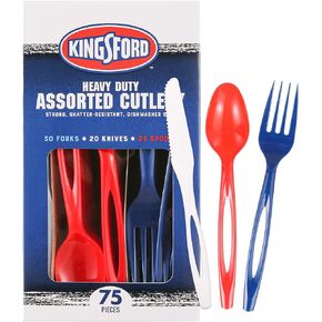 Kingsford Full Size Assorted Plastic Cutlery Heavy Duty Disposable Plastic Cutlery Set Includes 30 Forks 20 Knives and 25 Spoons for Any Occasion Plastic Cutlery, Red, White, Blue, 75 Pieces