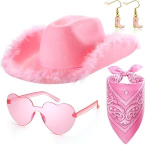 4 Pcs Cowgirl Hats Party Pack for Girl Women Cowgirl Hat with Heart Glasses and Bandana Cowboy Costume Dress Party Supplies (Pink,Modern Style)