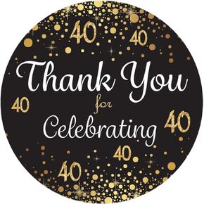 Black and Gold 40th Birthday Thank You Stickers - 1.75 in - 40 Labels