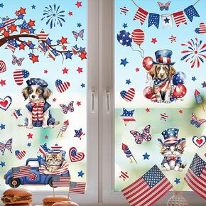 4th of July Window Clings Blue Red White Double-Sided Patriotic Window Clings Truck Stars Firework Window Decals for Independence Day Home Party Glass Home School Office Decor 9 Sheets