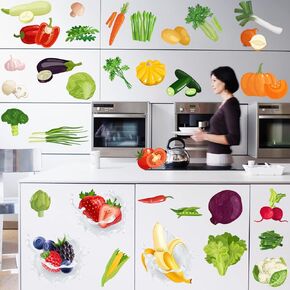 Cute Cartoon Fruit Wall Sticker DIY Kitchen Green Vegetables Wall Decals Green Vegetables Watermelon Carrot Eggplant Cherry Orange for Glass Door Refrigerator Door Window Restaurant Tile Decor