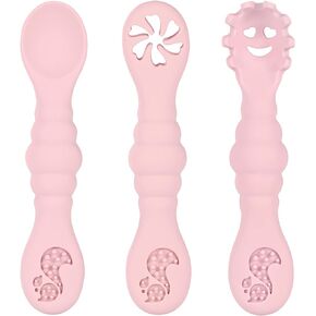 Silicone Baby Spoons Self Feeding 6+ Months, 3PCS Toddler Forks and Spoons Utensils Baby Led Weaning Teething Spoon Infant Spoons First Stage Newborn Baby Essentials Baby Gifts BPA FREE(Pink)