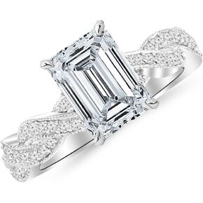 1 Carat 14K White Gold Vintage Eternity Love Twisting Split Shank GIA Certified Diamond Engagement Ring With Milgrain Emerald Shape (0.75 Ct E Color VS2 Clarity Center Stone)